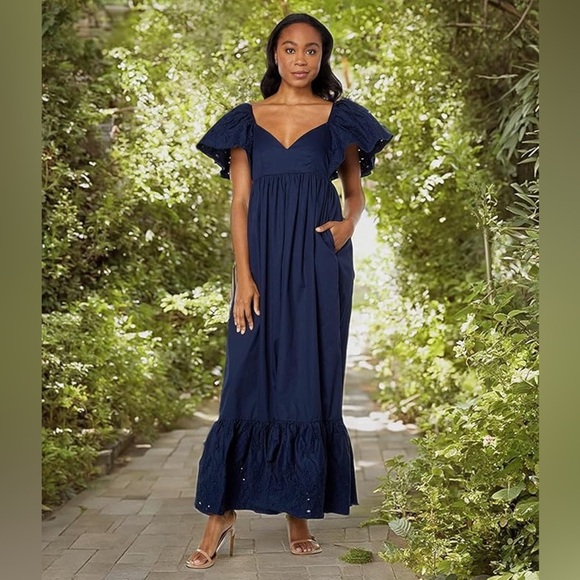 En Saison Barnette Eyelet Flutter Sleeve Blue Maxi Dress NEW - Picture 1 of 9
